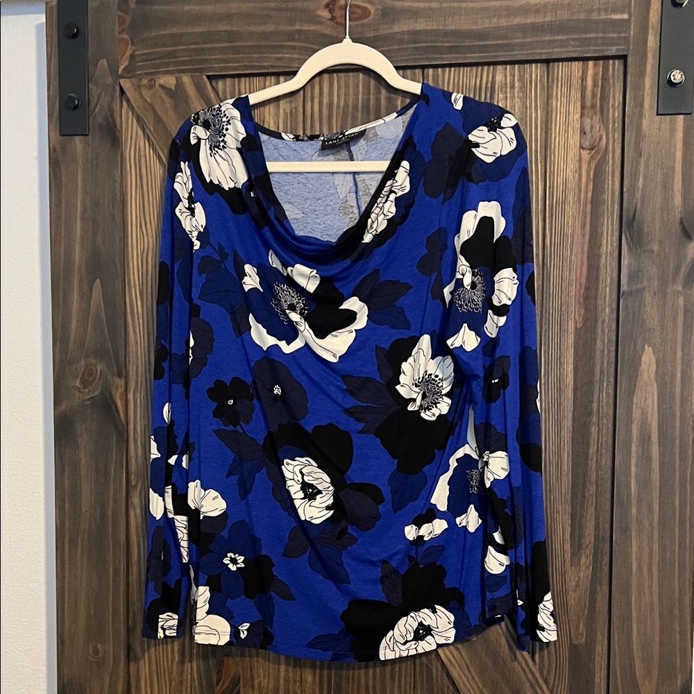 Lane Bryant Cowl Neck Blue and Black Floral Top